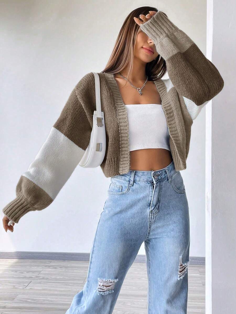 Spring Women's New Color Blocked Shoulder Dustproof Open Collar Wool Sweater, Women's Fashion Matching Thin Knitted Cardigan, Long Sleeve Top Spring Women's Fabric, French Fashion Multi Functional Black And White Striped Knitted Cardigan, Valentine's Day Women's Fashion Essential Plush Knitted Sweater, Preferred Gift For Couple Fashion Clothing - 卡其色 - 查看 1