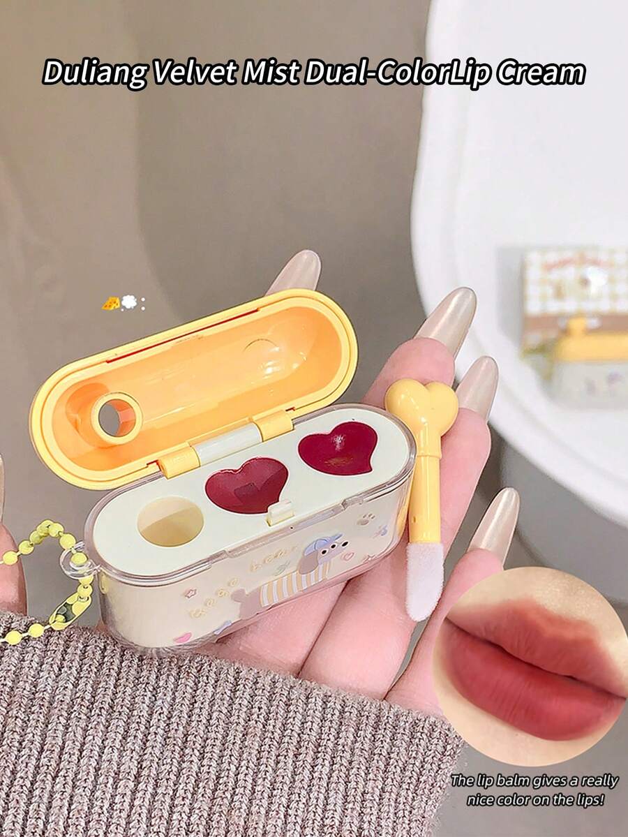 Gege Bear 1pc Matte & Glossy Dual-Tone Lip Cream With Applicator Brush, Moisturizing, Long-Lasting, Natural Finish, Portable Dual-Color - Multicolor - View 1