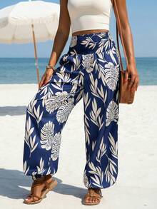 Women's High Waist Wide Leg Paisley Print Casual Pants, Ankle Length Trousers (YY1177) - Navy Blue - View 4