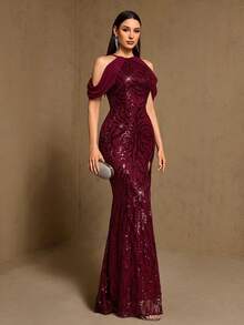 Đầm maxi hở lưng đính sequin họa tiết hoa, xẻ tà cao, thanh lịch và gợi cảm, thích hợp cho tiệc tối, tiệc cưới, dạ hội, tiệc chiêu đãi và các dịp khác. - Màu Đỏ Sâu - Xem 6