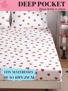 1件印花床笠（不含枕套），红色爱心印花，亲肤床垫罩，图案印花床垫保护套，舒适柔软，透气保暖，多种尺寸可选，适用于标准双人床/单人床/大号双人床/特大号双人床，可机洗，家居装饰，房间装饰，卧室装饰，通过Oeko-Tex认证 - 彩色 - 查看 4