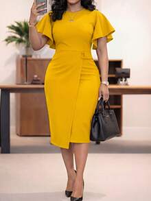 女士优雅修身夏季连衣裙 - 黃色 - 查看 1