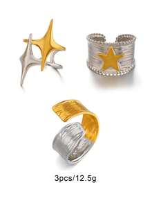 1 件不锈钢几何星形开口戒指，时尚简约珠宝适合女性日常佩戴 - 彩色 - 查看 16