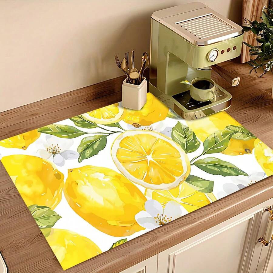 1pc Lemon Pattern Diatomaceous Earth Absorbent Drying Mat, Kitchen Countertop Drain Mat, Coffee Machine Mat, Pour Over Coffee Pot Mat, Bowl Dish Cup Drying Mat, Non-Slip Backing Heat-Resistant Kitchen Mat, Dining Table Mat, Breakfast Mat, Washing Machine Mat, Home Kitchen Dining Table Coffee Shop Bar Decor Mat, Holiday Party Housewarming Gift - Multicolor - View 1