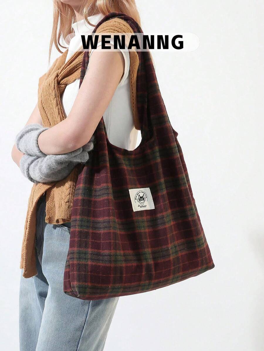 1个休闲时尚格子图案手提包，大号双提手女士单肩包，可折叠轻便手提包，购物袋，适合女性和学生旅行、上学和购物使用。 - 紅色 - 查看 1