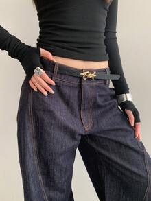 1pc Women's Black PU Leather Casual Beach Element Ocean Star Buckle Design Versatile Belt - Black - View 1