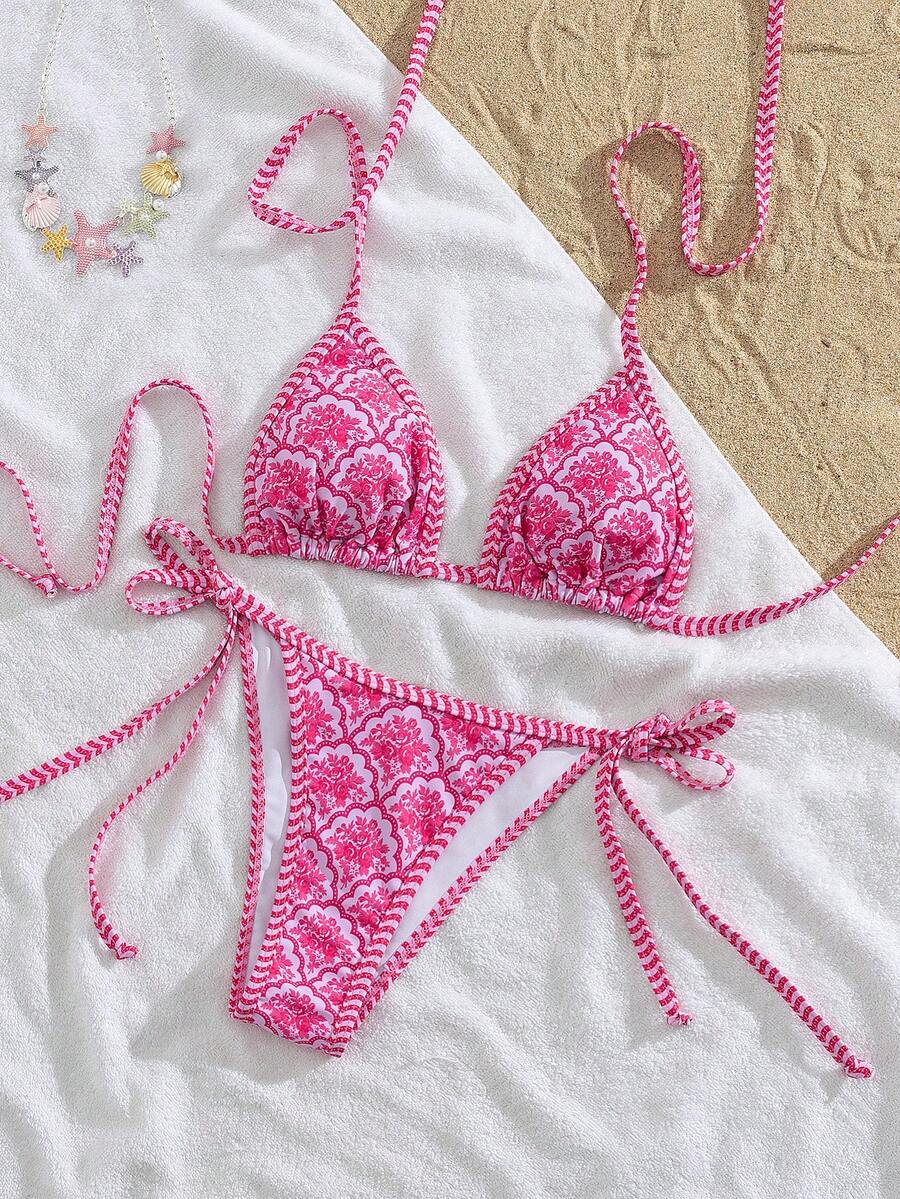 女士性感格子印花蝴蝶结系带露背比基尼套装，夏季沙滩度假泳装 - 彩色 - 查看 1