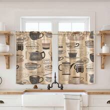 3pcs Coffee Themed Linen Curtains, 2D Flat Design, Suitable For Kitchen & Cafe, Retro Print Semi-Sheer - Multicolor - View 4