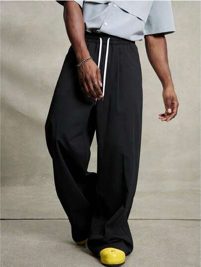 Men's Drawstring Loose Wide Leg Casual Pants With Contrast Color, Elegant And Versatile For Daily Commute, City Stroll, And Light Social Gatherings, Suitable For Spring And Autumn