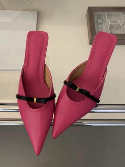 Pointed Toe Elegant Thin Heel Leather Casual Slip-On Criss-Cross Strap Mule Sandals