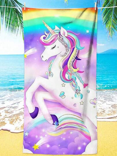 1条独角兽印花沙滩巾，现代超细纤维浴巾，适合度假、旅行、沐浴、游泳，可机洗，热带风格设计，夏季图案