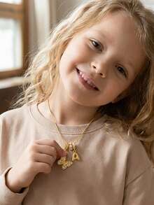 1pc Fashionable Exquisite Popular Gold Butterfly & 3d Balloon Initial Letter Charm Stainless Steel Snake Chain Necklace For Girls Kids Cute Stylish A-Z English Bubble Alphabet Necklace For Daily Wear Jewelry Accessory Birthday Gift - Gold - View 1