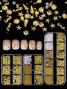 1/3盒夏季海洋3D美甲饰品 - 海星、贝壳、海马、金属铆钉、平底白珍珠和金色水钻 - 美人鱼美甲装饰 DIY美甲用品 美甲宝石 - 彩色 - 查看 9