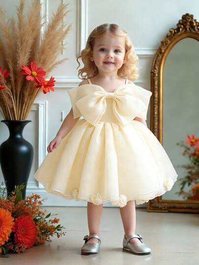 Baby Girls Spaghetti Strap Bow Organza Cute Flower Girl Princess Dress, Suitable For 1st Birthday, Wedding, Party, Does Not Include Headband