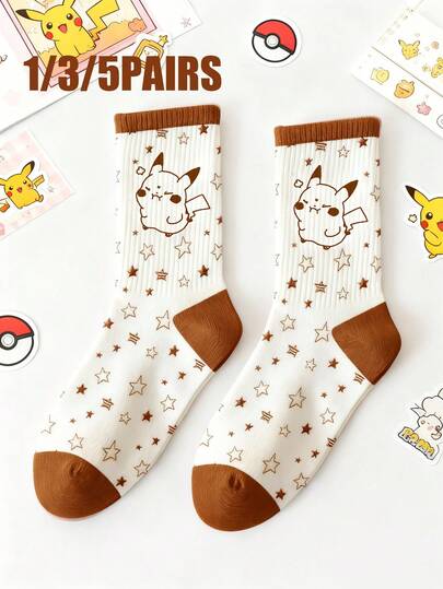  Pokemon 1/3/5 Pairs Cute Cartoon Print Breathable Soft Short Socks, Reinforced Heel And Toe For Durability, Unisex For All Seasons