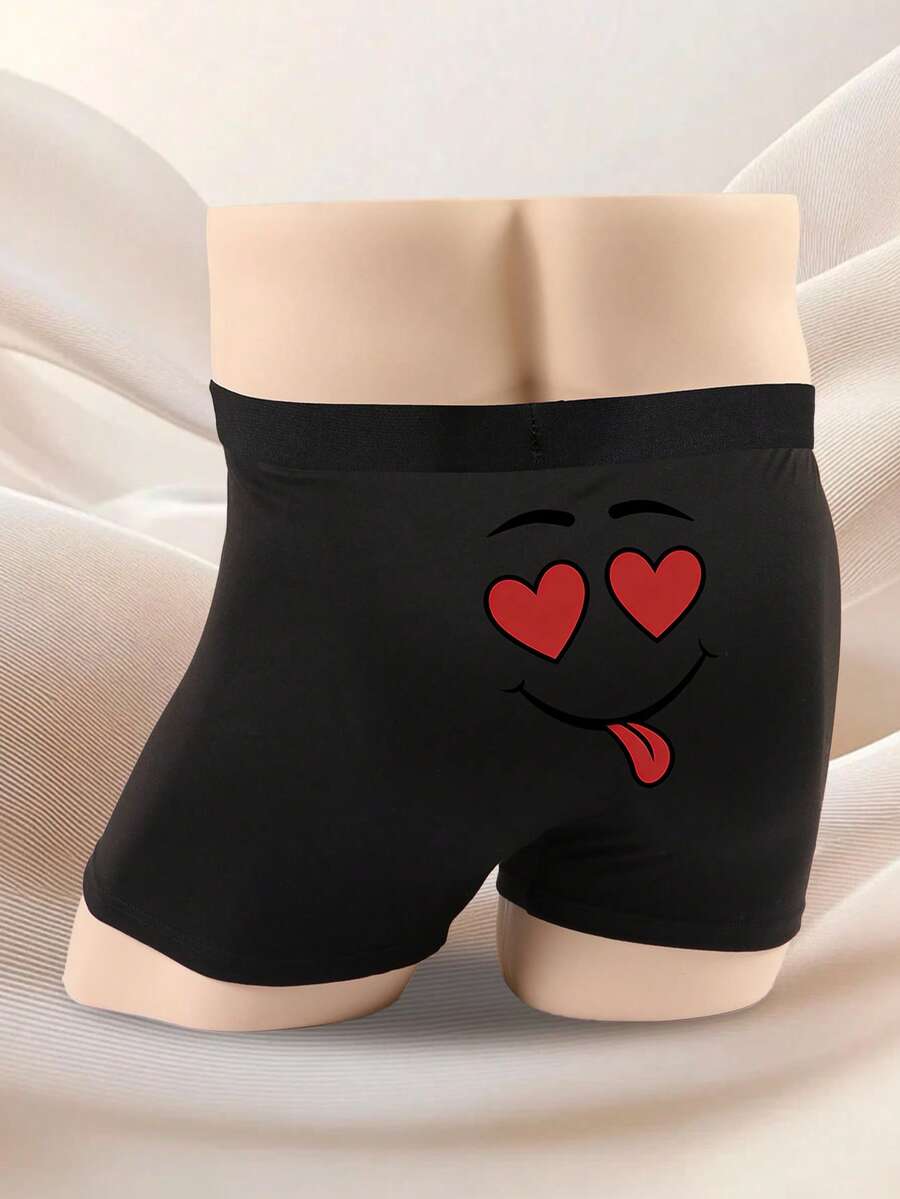 Men's Black Funny Smiling Face Print Boxer Briefs, Elastic Comfortable Everyday Underwear - Black - View 1