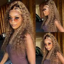 13x4 深波浪蕾丝前假发，混合真人发，200 密度，13x4 高清蕾丝前假发，混合真人发，女士假发，无胶假发，真人发深卷假发，预先拔毛，28 英寸，#P4/27 蜂蜜金 - SP4/27 - 查看 5