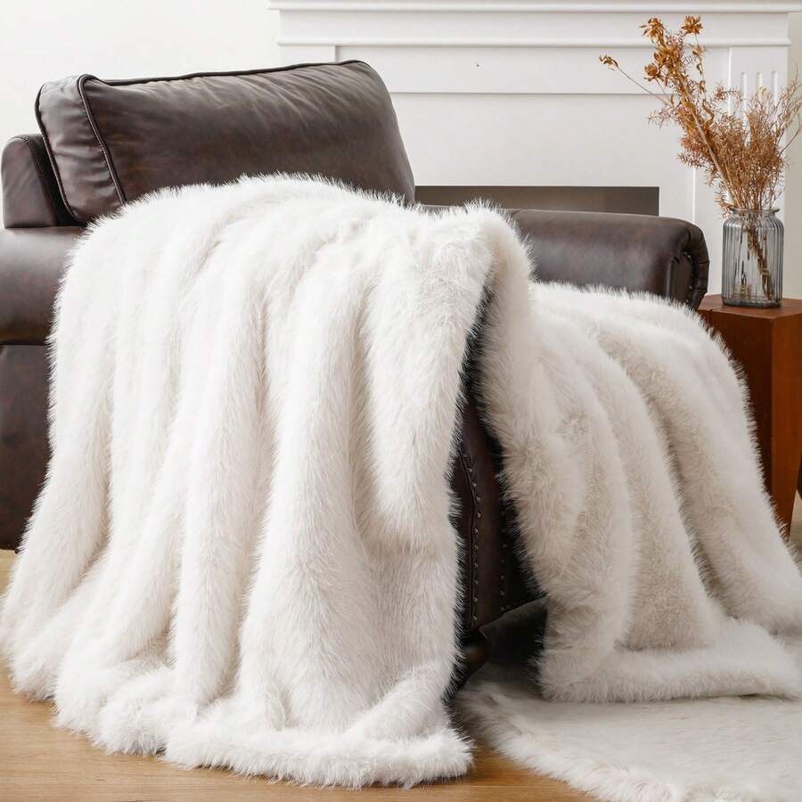Luxury White Fur Throw Blanket, Soft Cozy Faux Fur Blanket For Couch Sofa Bed, Plush Warm Fuzzy Throws With Long Pile, Home Decor - 白色 - 查看 1