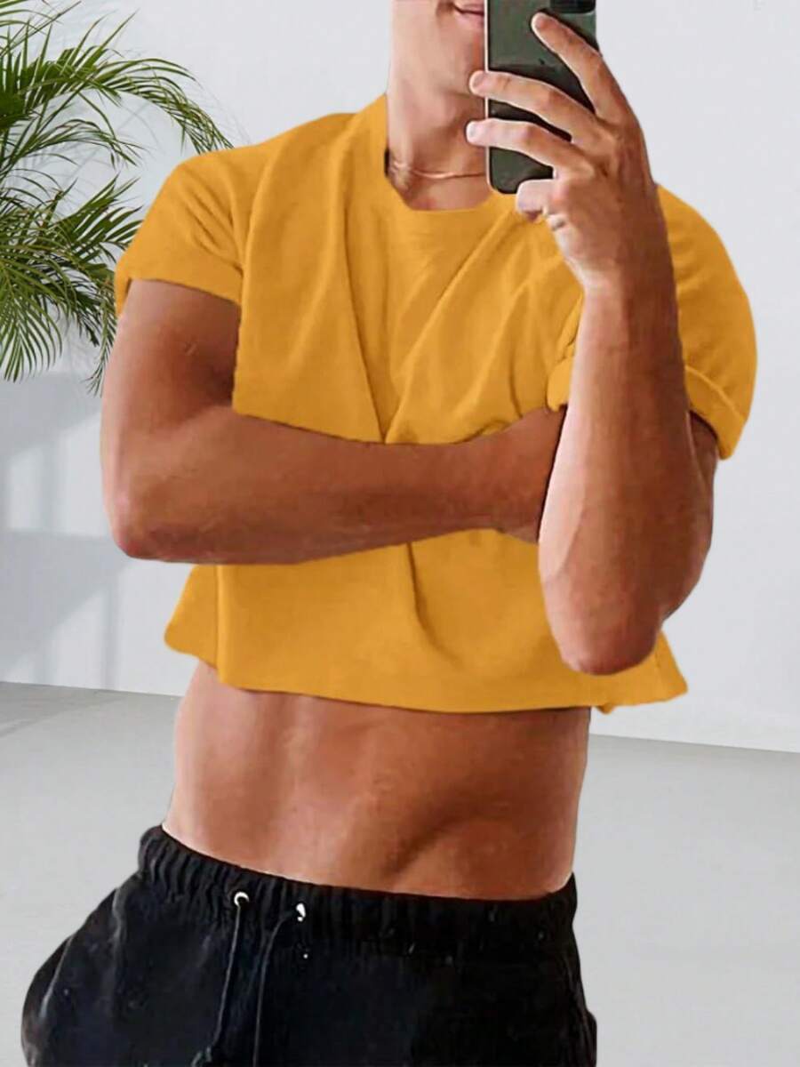 Runcati Mens Cropped Tank Top Short Sleeve Print Cotton Crop T Shirt Hot Shirts - Yellow - View 1