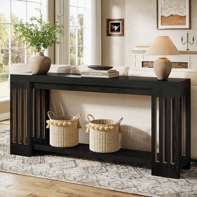 FINMIND 0.9-Inch Extra Long Entryway Table, Farmhouse Sofa Console Table With Vertical Stripe Legs, 2-Tier Entry Furniture For Living Room, Hallway, Entrance