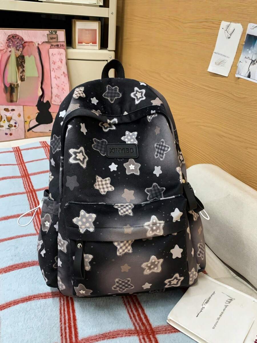 New Stylish Ins-Style Star Pattern Casual Backpack, Campus Chic, Durable And Versatile (Without Pendant) - Black - View 1