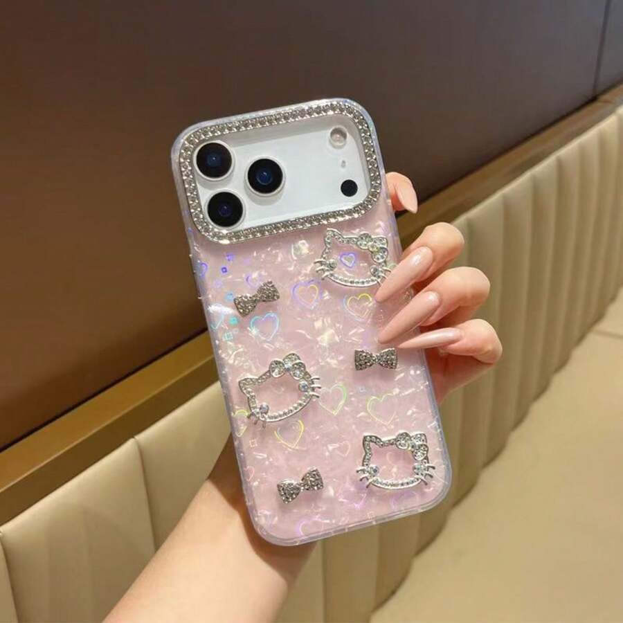 1pc Fashionable Creative Hello Kitty By Sanrio Phone Case, Waterproof Shockproof Material, Laser Holographic Heart, 3D Rhinestone Kitty Head, Rhinestone Bow, Anime, Kuromi, Luxury, Bling Bling, Cute Fashion, Compatible With IPhone 17 Series, 11/12/12 Pro, 13/14/15, 13 Pro/14 Pro/15 Pro, 12 Pro Max/13 Pro Max/14 Pro Max/15 Pro Max, 16, 16 Pro, 16 Pro Max, 17, 17 Pro, 17 Pro Max Phone Case, Festival, Valentine's Day, Best Gift - Pink - View 1