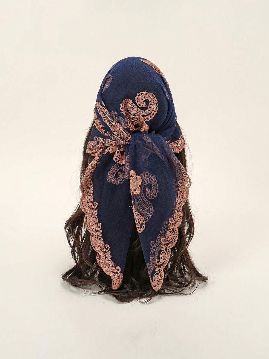 1 pieza Pañuelo de mujer con bordado de moda - Azul - Ver 1