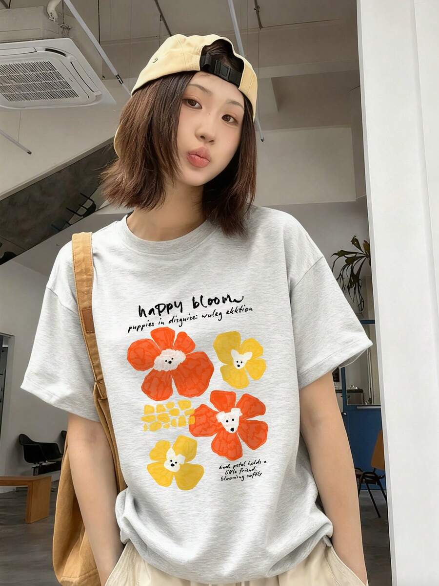1件女士休闲宽松T恤，2026春夏新款，花卉和小狗图案设计，甜美学院风，百搭圆领上衣 - 淺花灰 - 查看 1