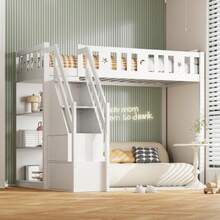 Loft Bed 90*200 Cm, With Storage Ladder And Shelves, Single Wooden Bed, Youth Bed, Children's Bed, Solid Wood Frame, White - White - View 4