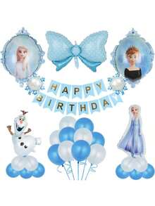 Juego de decoración de cumpleaños de lujo de 38 piezas, globos de papel de aluminio con forma de Anna y Olaf, globos con lazo de lunares, pancarta de feliz cumpleaños, ramo de globos de látex en colores azul y blanco de ensueño - Multicolor - Ver 6