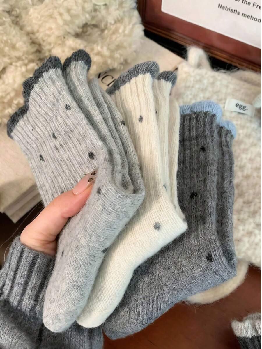 1/3/5 Pairs Polka Dot Wool Socks, Women Mid-Calf Socks, Spring/Autumn Style, Grey Socks, Autumn/Winter Mid-Calf Socks - Multicolor - View 1
