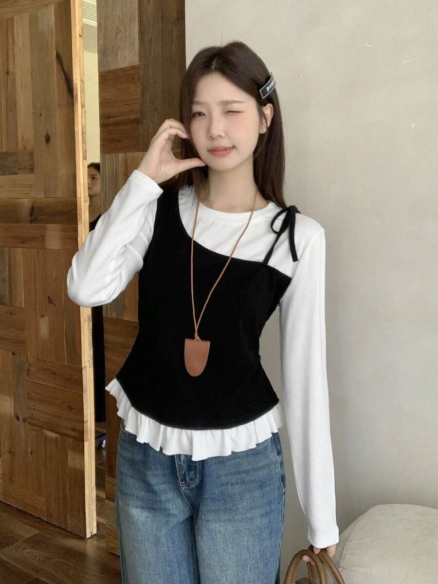 二合一圆领荷叶边修身系腰长袖T恤打底衫 - 白色 - 查看 1