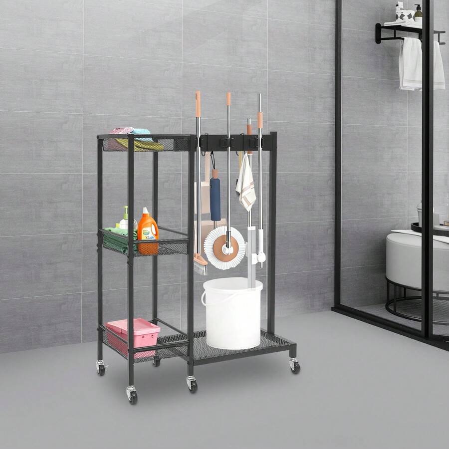 gladney Black Mobile Cleaning Trolley Cart With 6 Swivel Wheels 3 Brakes Vertical Space‑Saving Carbon Steel Organizer With 3 Baskets Hooks Mesh Panels And Raised Guardrails - Black - View 1