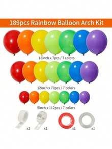 189pcs Rainbow Balloon Arch Kit, 7 Color Options, 5/12/18 Inch Latex Balloons, Suitable For Birthday Party, Wedding Anniversary, Christmas Decoration And More - Multicolor - View 3