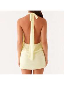Women Summer Mesh Mini Dress Halter V Neck Backless Short Dress A Line Going Out Party Cocktail Dresses - 黃色 - 查看 5