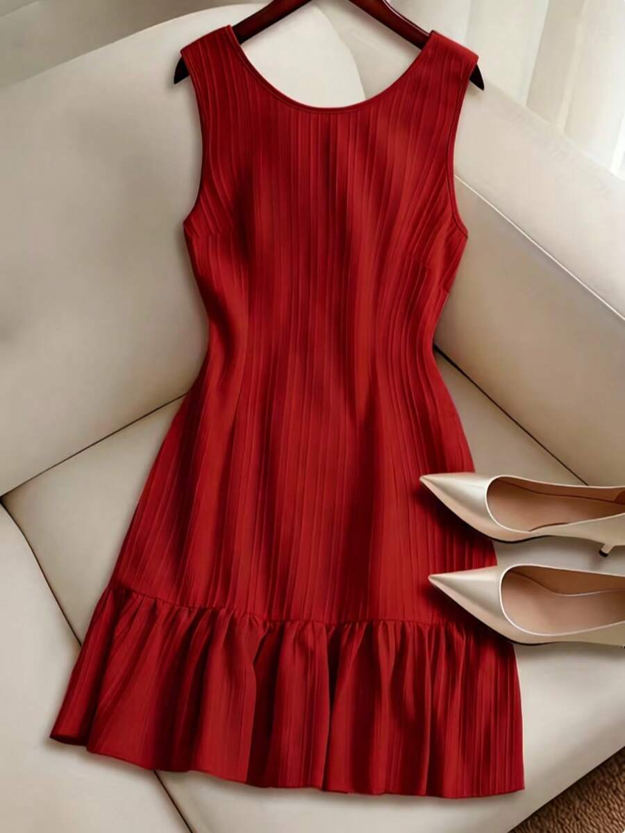Women's Summer Backless Tie Strap Sleeveless A-Line Ruffle Hem Casual Mini Dress, Women's Casual Elegant Dress, Party Free Spirit Dress - Red - View 1