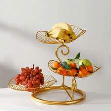 3-Tier Iron Leaf Design Fruit Basket, Elegant & Luxurious Style Snack Tray/Fruit Plate For Living Room - Multicolor - View 2