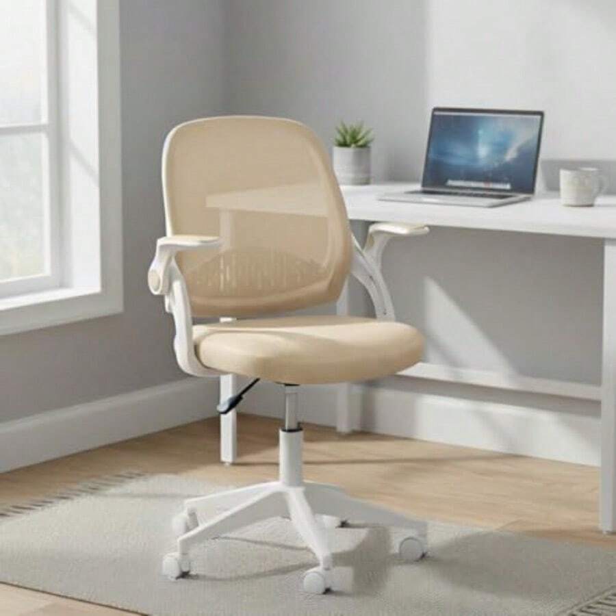 MAGMALIFE Silla de Oficina Natti Ergonómica con Respaldo de Malla Transpirable Altura e Inclinación Ajustables Reposabrazos Abatibles 90° Ruedas 360° Silenciosas y Base Reforzada Soporta 150 kg - Beis - Ver 1