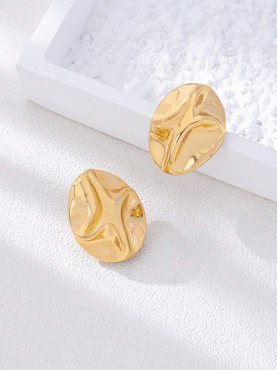 1 Pair Fashionable Metal Crinkle Geometric Stud Earrings For Teenage Girls - Gold - View 1