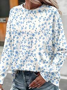 Women's Blue Ditsy Floral Print Long Sleeve Top - Cream Casual Comfortable Pullover Blouse - 彩色 - 查看 1