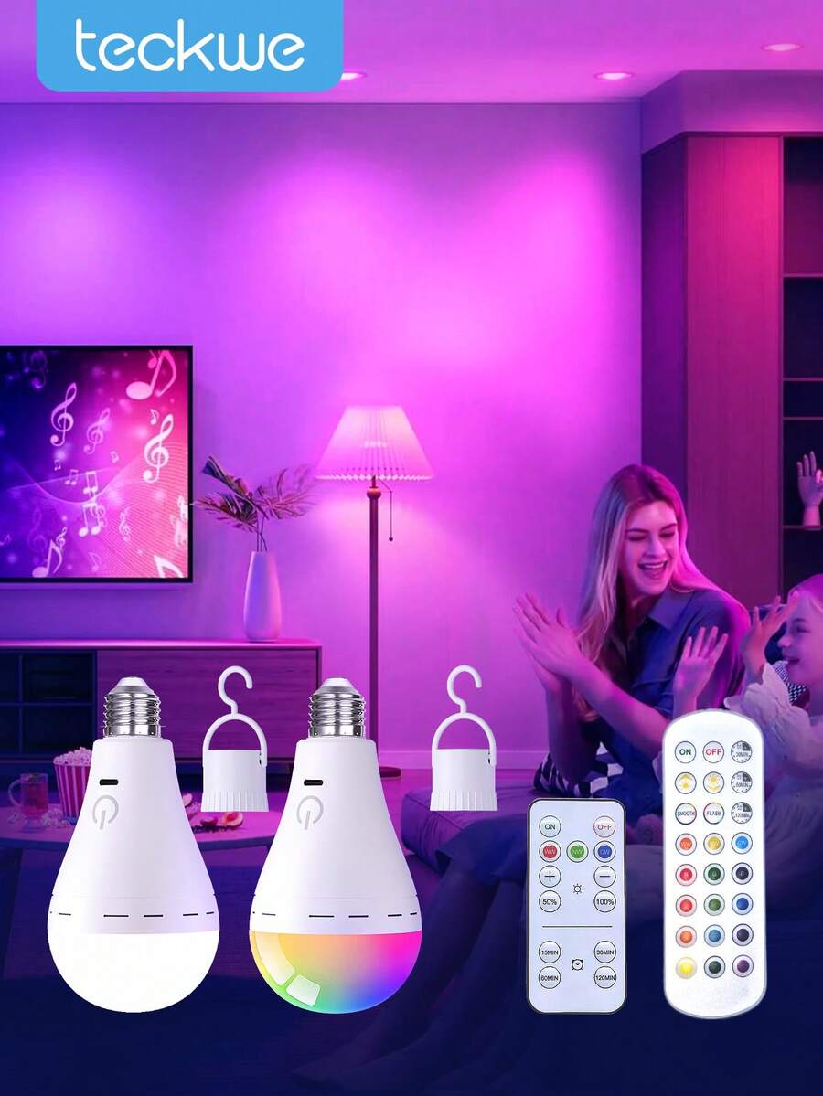 Teckwe RGB Rechargeable Light Bulb With Remote, 3 Color + RGB USB Rechargeable Bulb,  Dimmable Emergency Battery Light Bulb With Timer And Touch For Home, Party, Camping