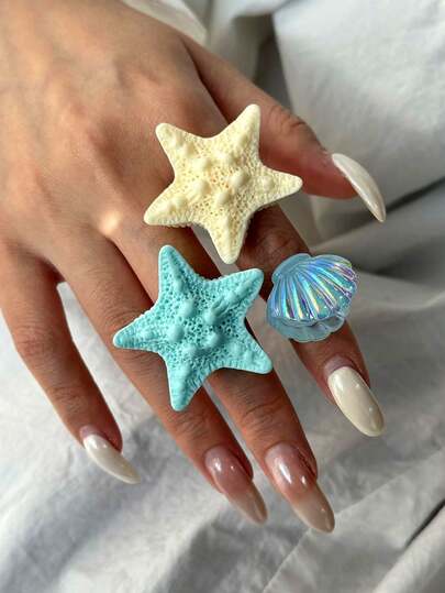 3件套可爱彩色3D海星、珍珠、贝壳树脂可调节戒指，夏季沙滩饰品，适合女性，可用于度假、派对、音乐节等场合，也可作为礼物送给朋友。