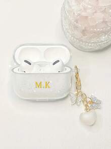 Customized (2 Pieces Set, Including Butterfly Lanyard) Transparent Glitter Earphone Case Compatible With AirPods 1/2 3 New 4 Pro 3, Personalized Letter Name, Back To School, Valentine's Day Gift, Good Birthday Gift, Holiday Gift, Gift For Him/Her, Personalized Gift, Custom Product, Customized Gift For Her/Him, Anniversary/Wedding Gift - Clear - View 3