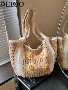 Dedoo Bohemian Style Women's Handbag, Large Capacity Open-Top Tote, Beach Bag, Travel Accessory, Woven Texture, Suitable For Work, School, Beach, Crochet, Holiday (Flower Color/Position Random) (Strap Color/Pattern Random) - Apricot - View 9