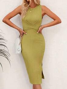 QUNGIGU Vestido midi sin mangas para mujer, diseño elegante de cuello redondo acanalado con abertura lateral, detalle de cruce en la cintura, adecuado para invitados de boda, fiestas de noche, eventos de cóctel - Verde Lima - Ver 6