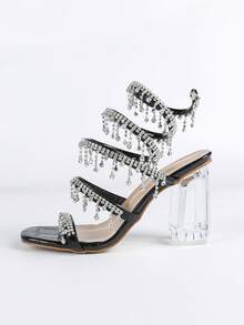 Women's Thick Crystal Heel Sandals, Square Toe Rhinestone Snake Wrap Strap, Fashionable Open Toe, Basic Style For Summer & Autumn - Black - View 6