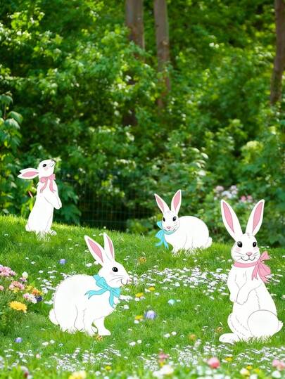 4pcs Easter Outdoor Garden Decor, Large White Rabbit Sign (With Stand), Cute Pink Ear Rabbit Design, Lawn Garden Decorations, Ideal For Home, Outdoor, Spring, Easter Party, Birthday Party