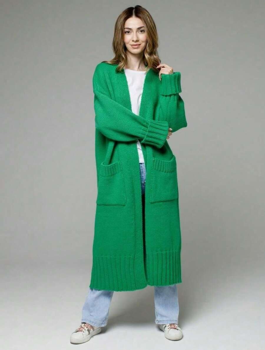 Large Size Sweater Women Loose Long Roll Sleeve Knitted Cardigan Casual Coat - màu xanh lá - Xem 1