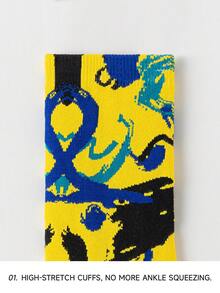 1/3 paire Chaussettes d'équipage en coton peigné décontractées unisexes pour couple, motif ligne de graffiti couleur contrastée et art abstrait. Convient pour les voyages, la maison, le bureau, les cadeaux de fête - Multicolore - Voir 4