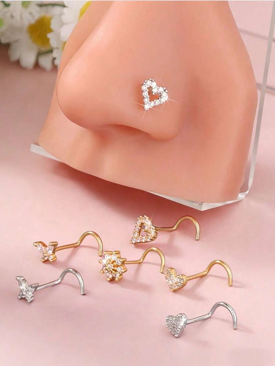 1个镶钻心形鼻钉，金色和银色可选，轻巧的欧美风格鼻饰，适合日常、工作、派对、节日佩戴 - 彩色 - 查看 1